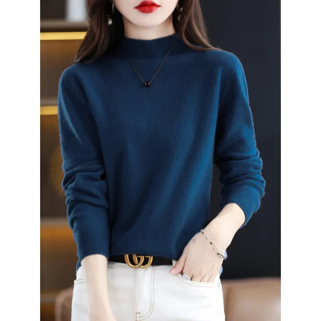 Women's navy blue fine knit mock neck sweater