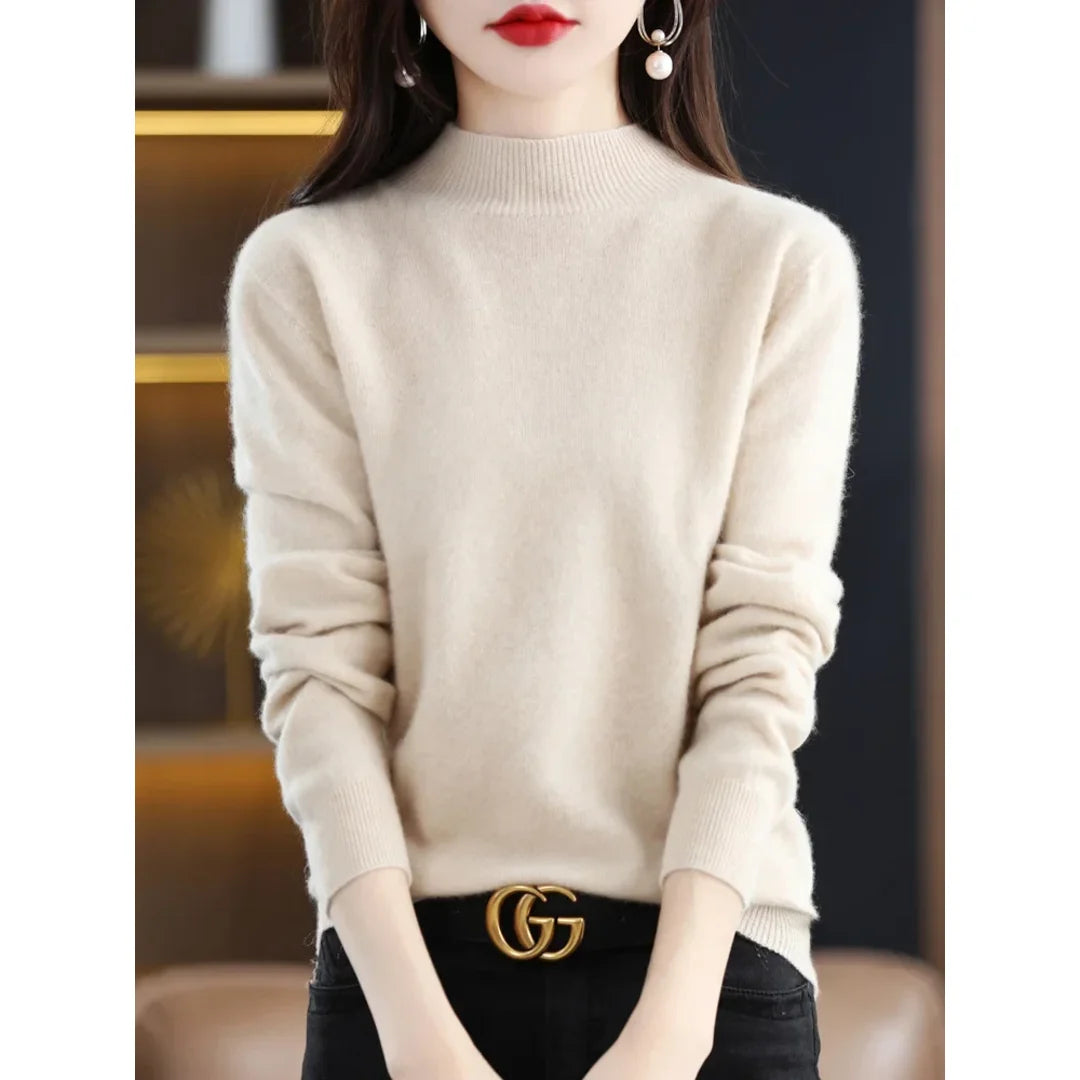 Women's beige fine knit mock neck sweater