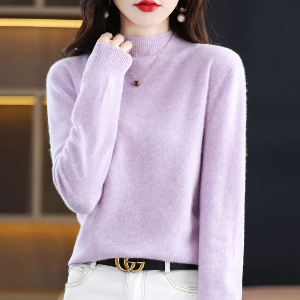 Women's lilac fine knit sweater with mock neck