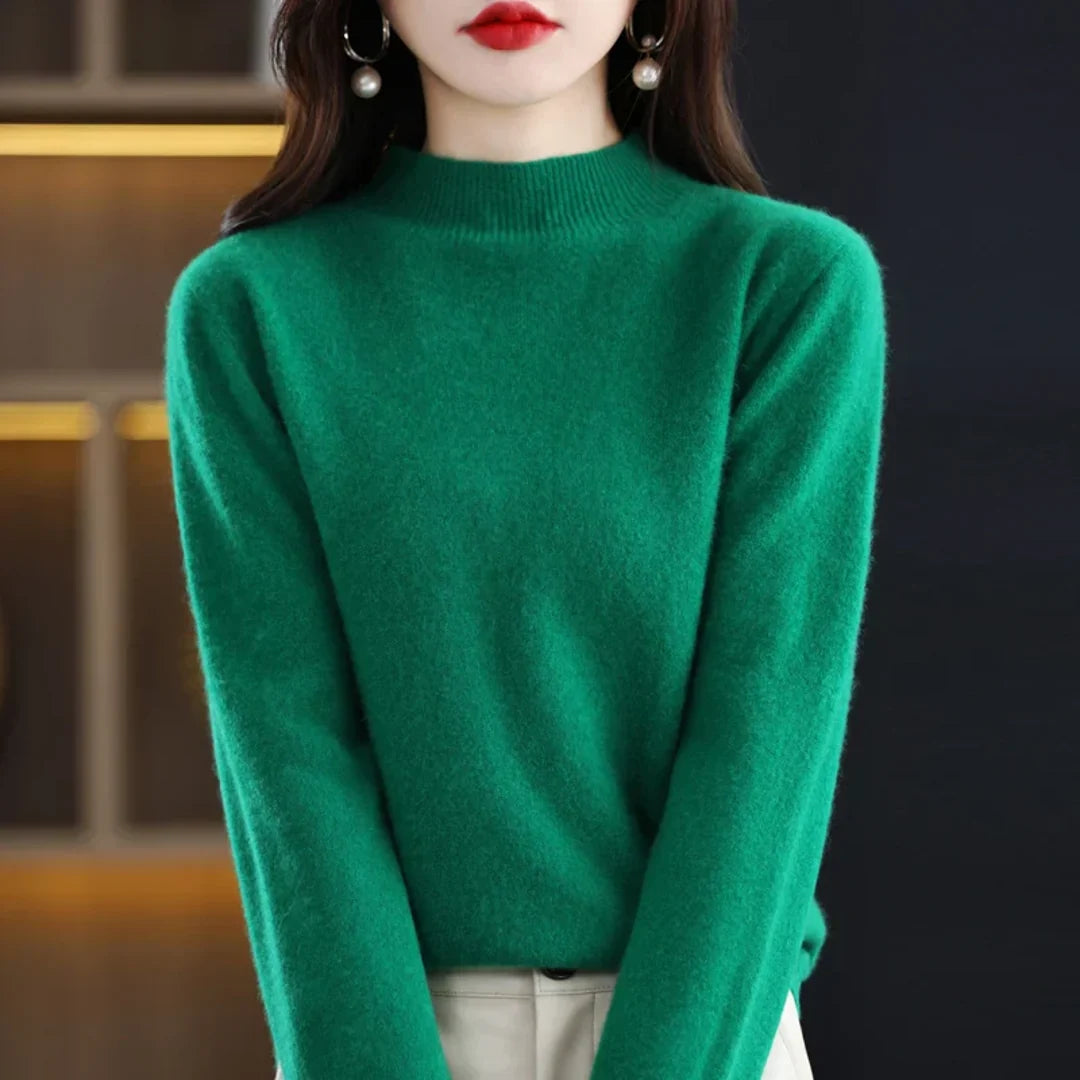 Women's green fine knit mock neck sweater