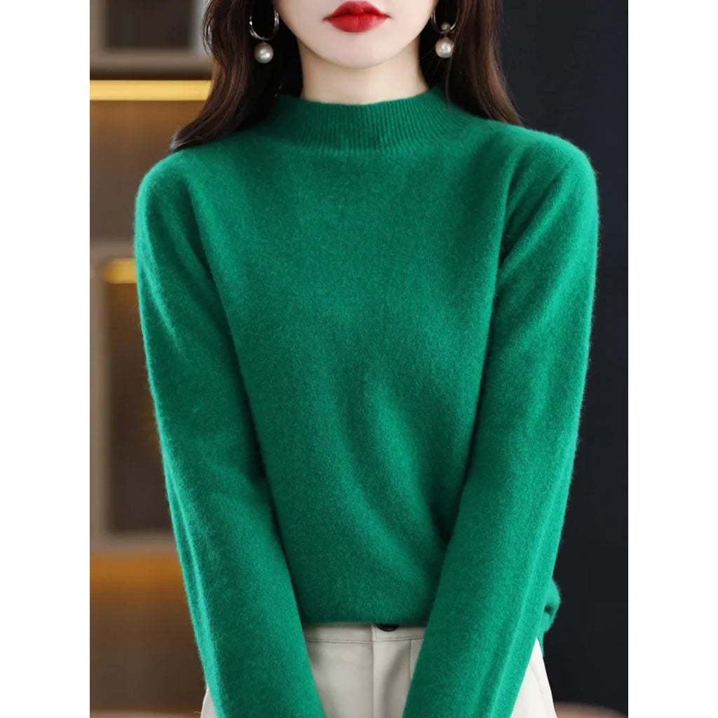 Women's green mock neck sweater – front view