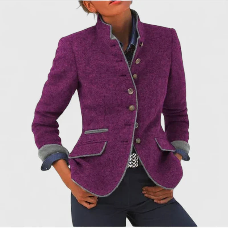 Women's Fitted Button Jacket with Stand Collar for Office Days