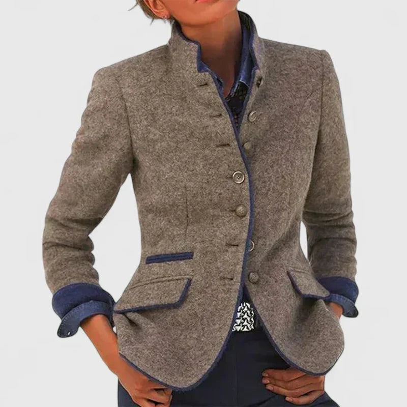 Women's fitted button jacket with stand collar in caramel