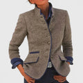 Women's fitted button jacket with stand collar in caramel