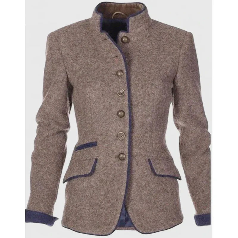 Women's fitted button jacket with stand collar – detail view