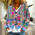 Women's floral knit cardigan with V-neck button front in blue