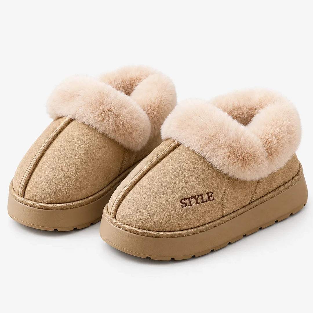 Women's beige fluffy platform slipper boots