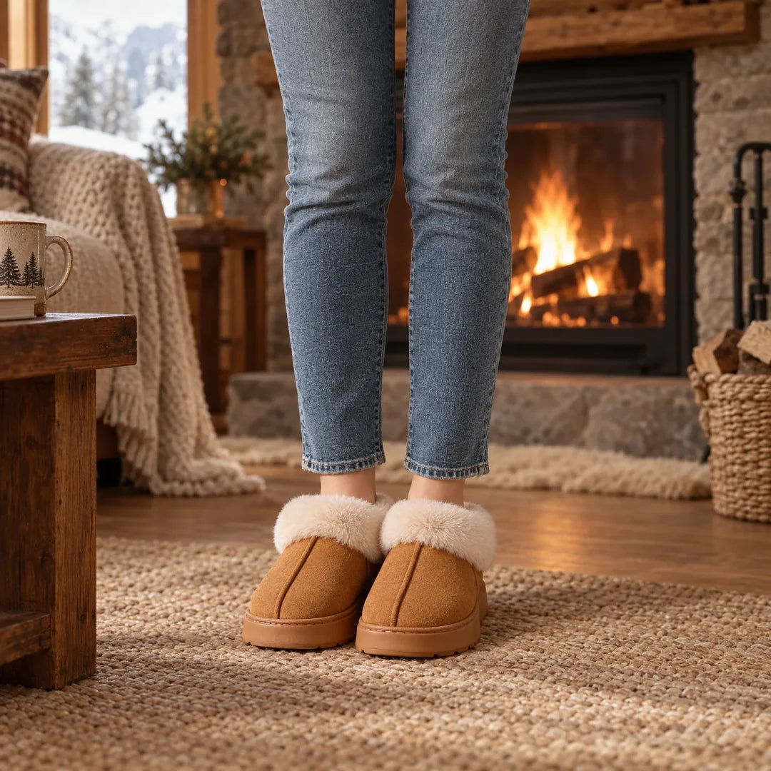 Woman wearing brown slipper boots by the fireplace