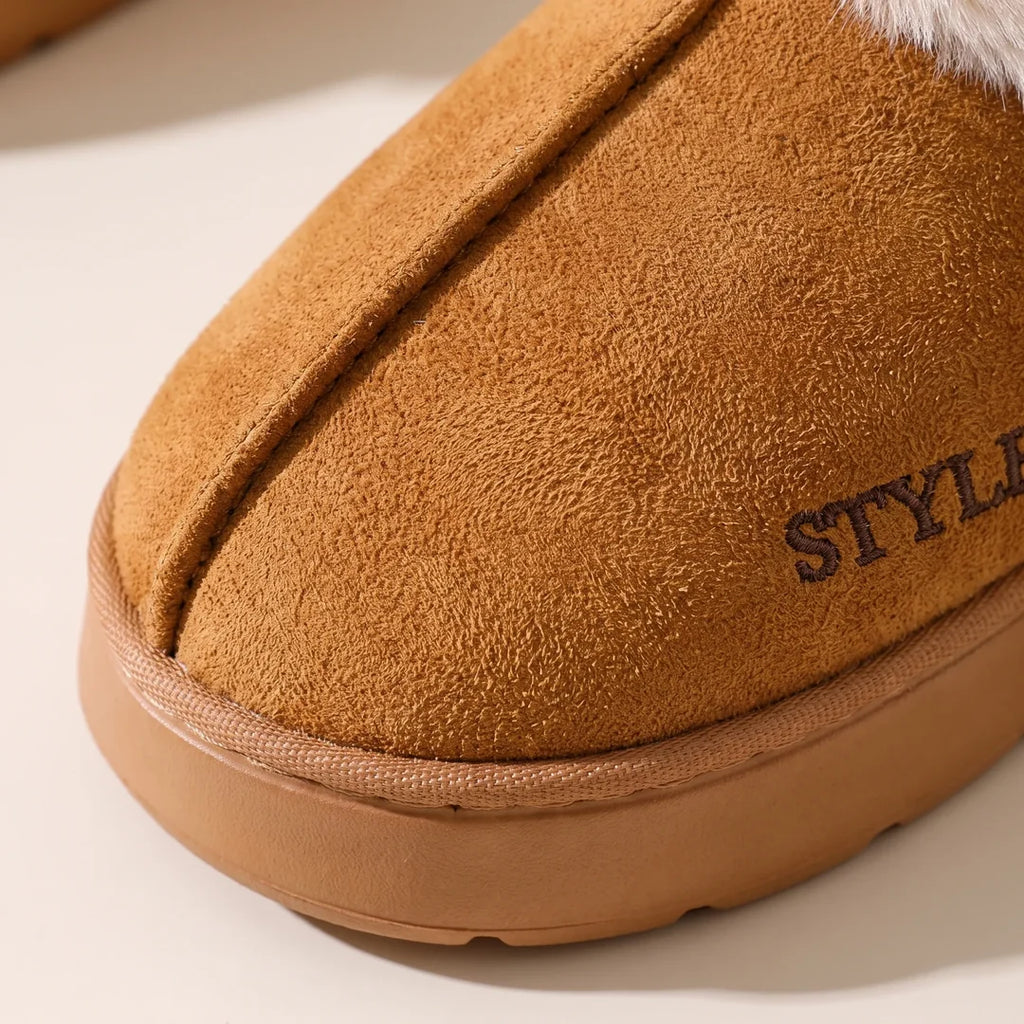 Close-up of the brown suede-look slipper boot