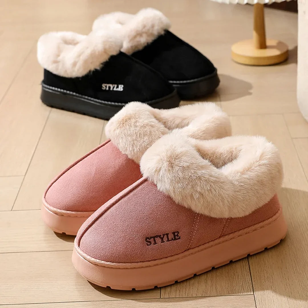 Women's black and pink fluffy slipper boots