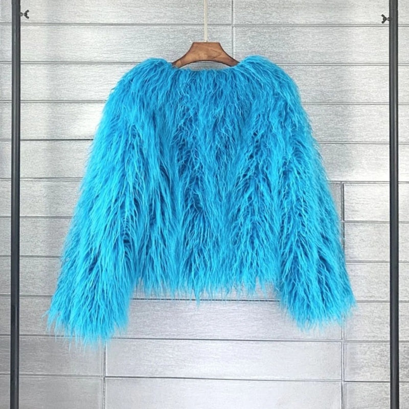 Women's fluffy faux fur jacket in vivid blue