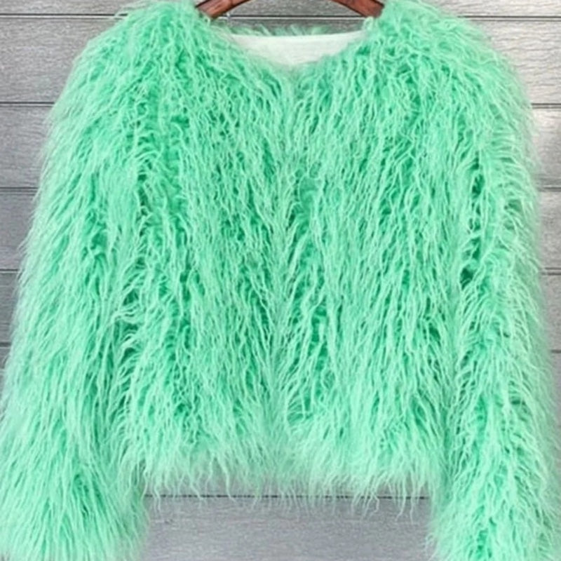 Women's fluffy faux fur jacket in light green