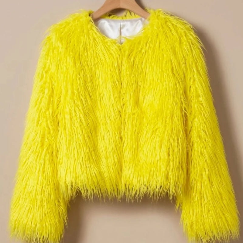 Women's fluffy faux fur jacket in yellow