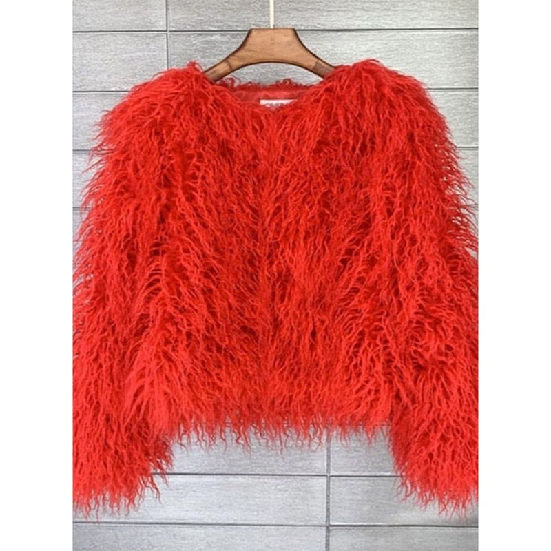 Women's fluffy faux fur jacket in red