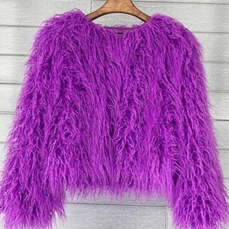 Women's fluffy faux fur jacket in purple