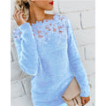 Women's light blue fluffy knit sweater with lace yoke