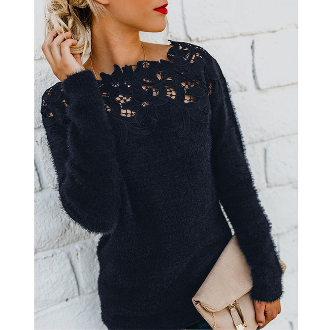Women's black fluffy sweater with lace neckline