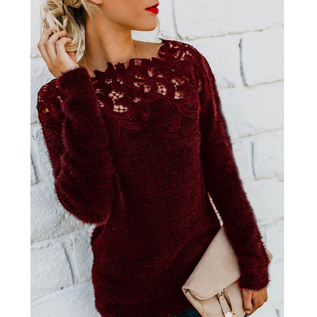 Women's burgundy fluffy knit sweater with lace yoke