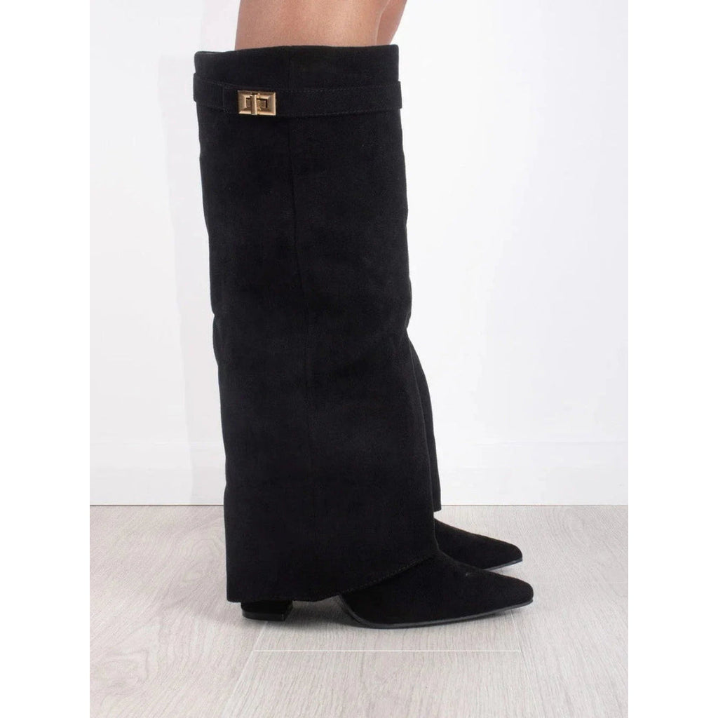 Women's black fold-over knee-high boots
