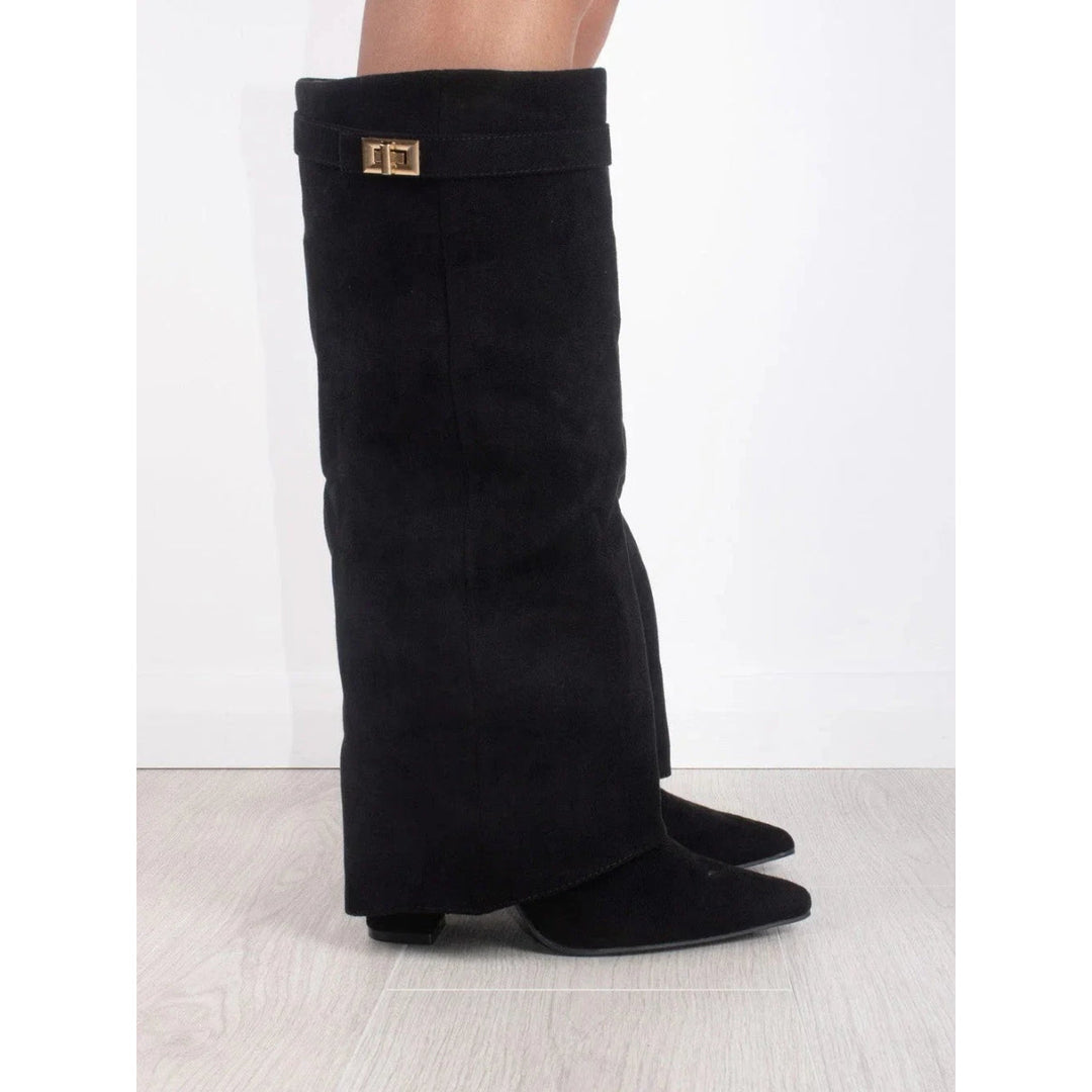 Women's black fold-over knee-high boots