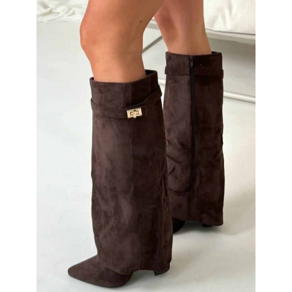 Women's dark brown fold-over knee-high boots