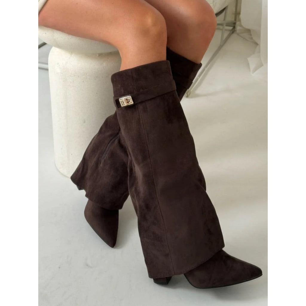 Women's dark brown boots with gold-tone detail