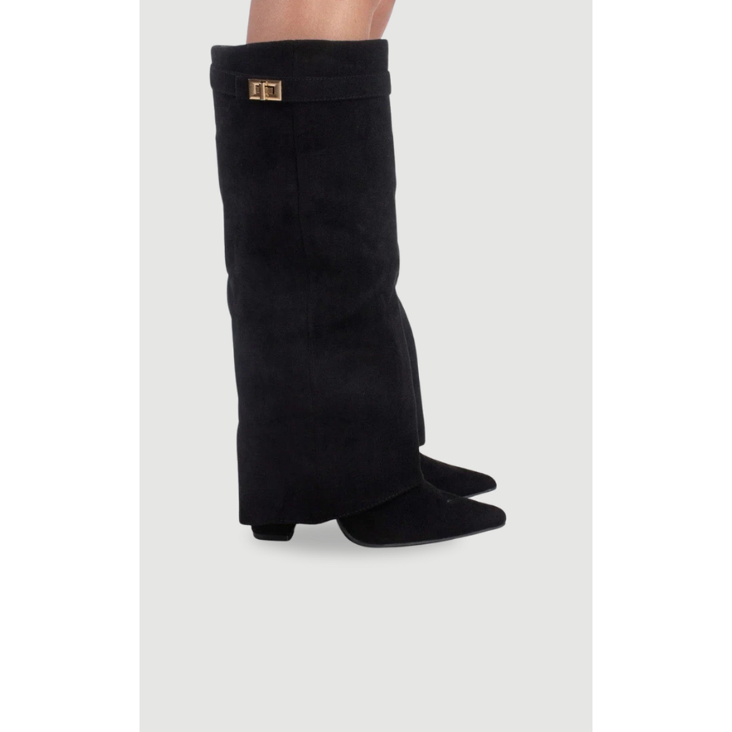 Women's black fold-over boots – side view