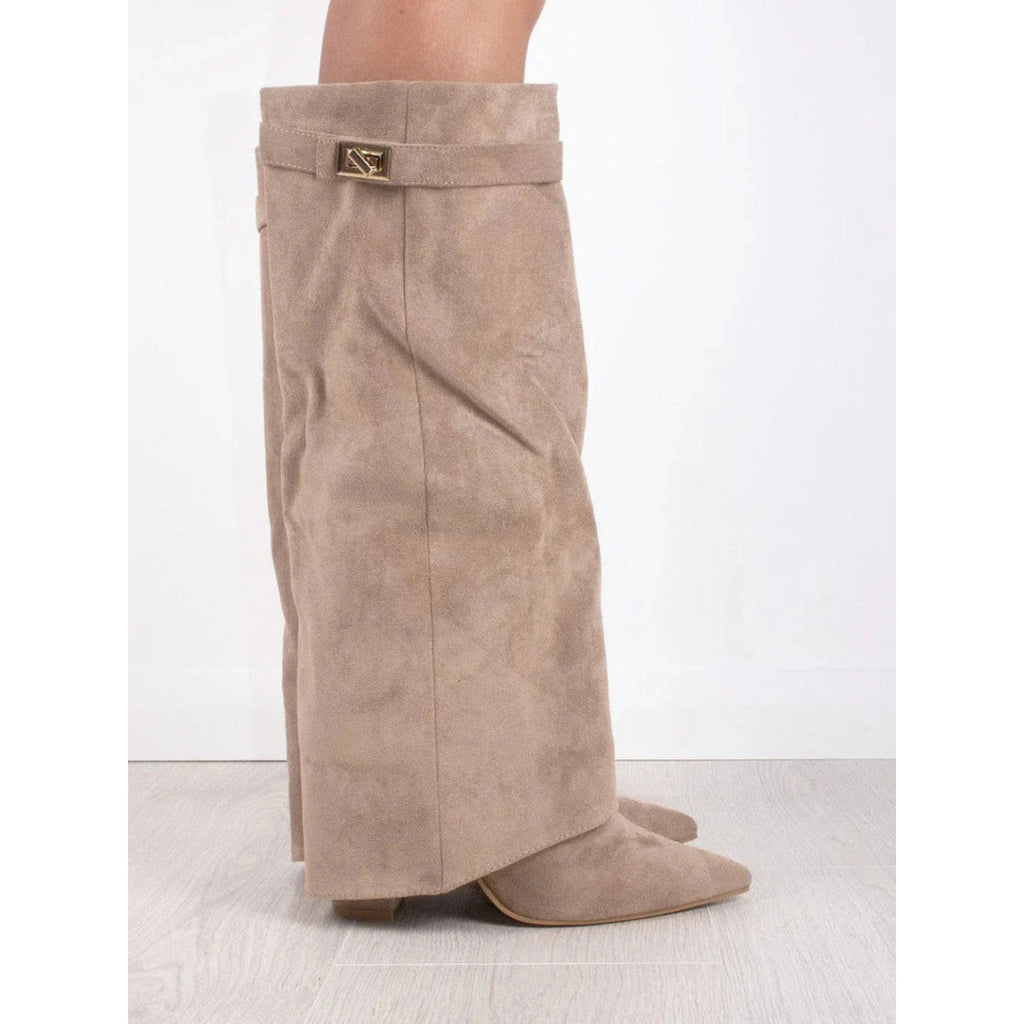 Women's beige fold-over knee-high boots