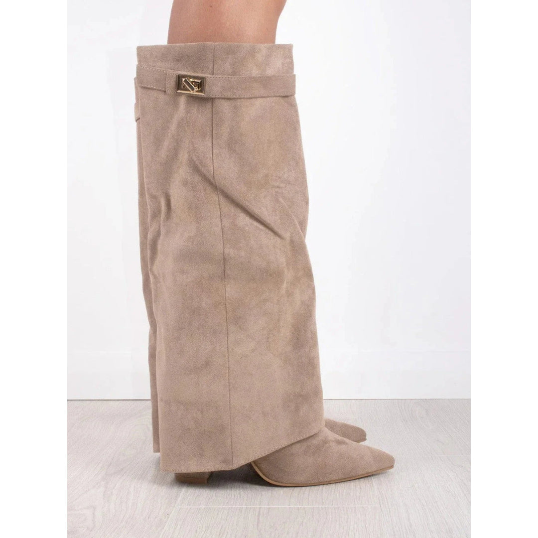 Women's beige fold-over knee-high boots