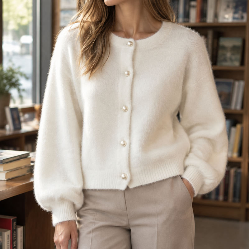 Women's fuzzy knit cardigan in milky white