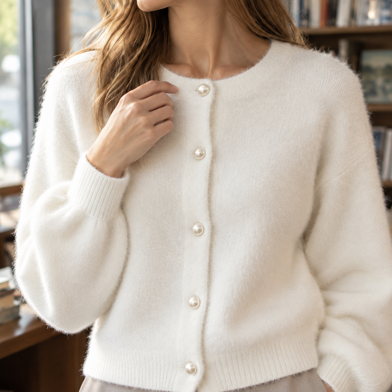 Women's milky white fuzzy knit cardigan – buttoned front