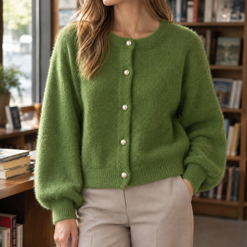 Women's fuzzy knit cardigan in green