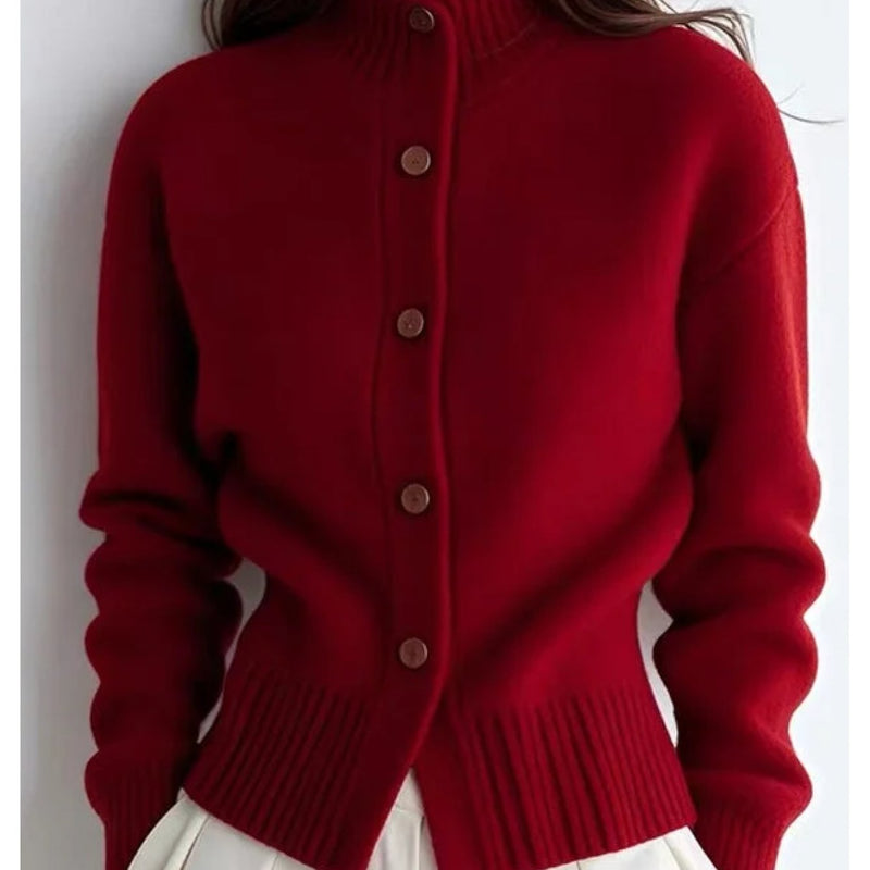 Woman wearing the red high-neck button cardigan – front view