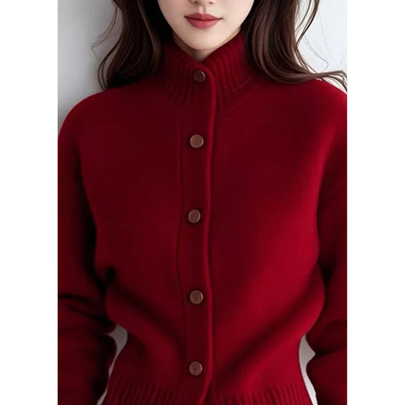 Woman wearing the red cardigan – side view