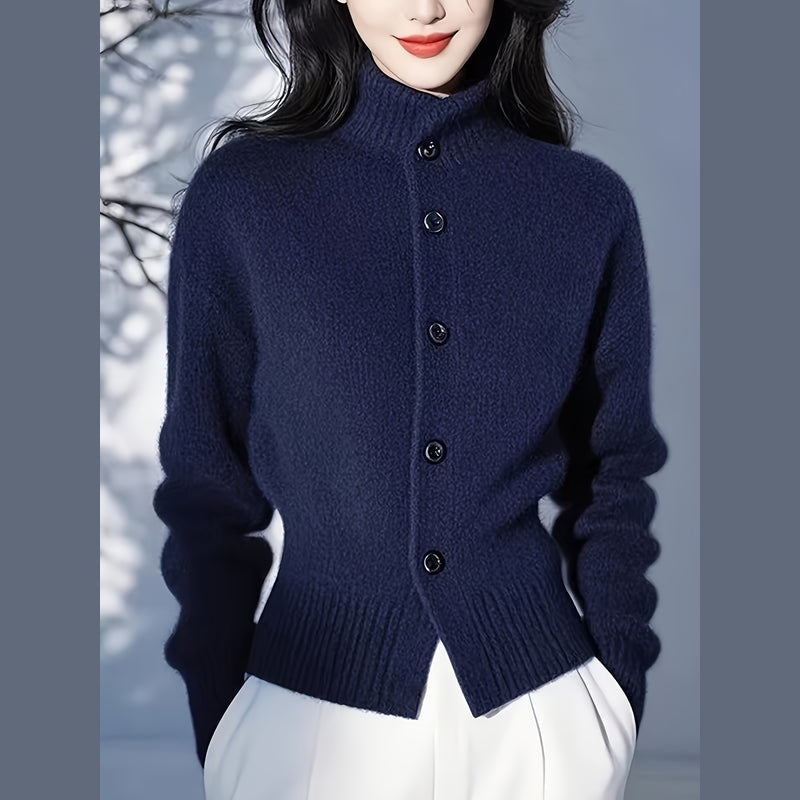 Woman wearing the navy cardigan – side view