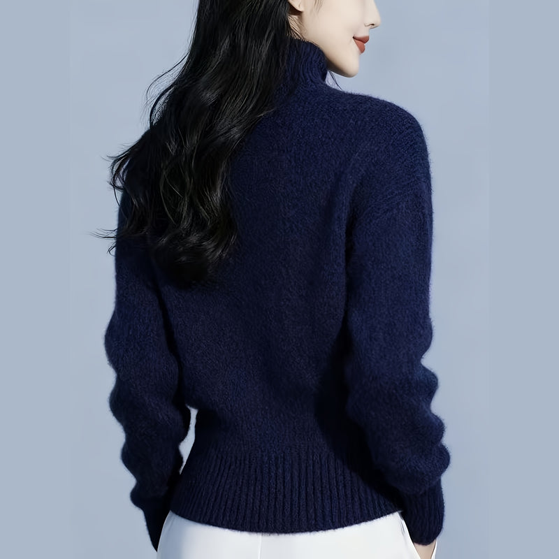 Woman wearing the navy cardigan – back view