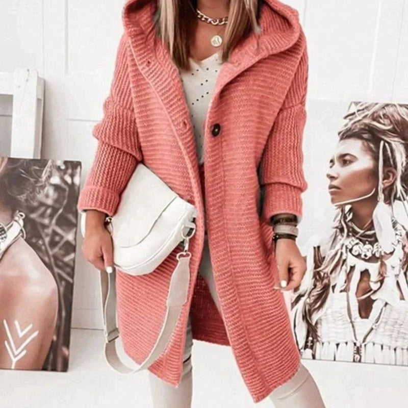 Women's hooded chunky knit cardigan in red