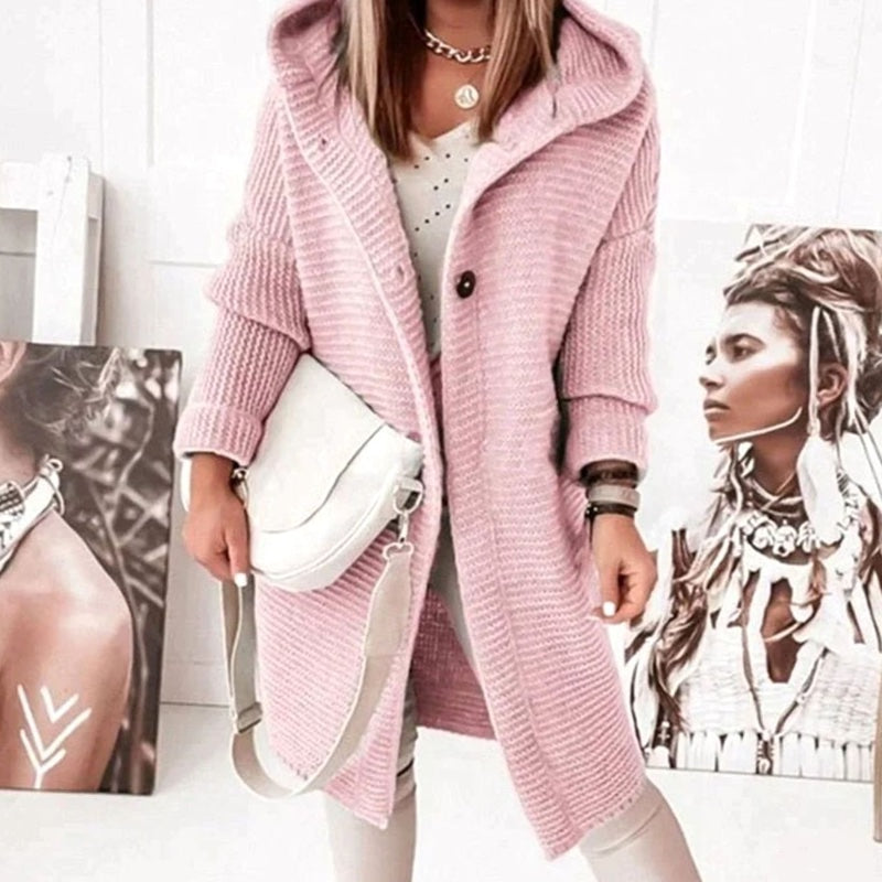 Women's hooded chunky knit cardigan in pink