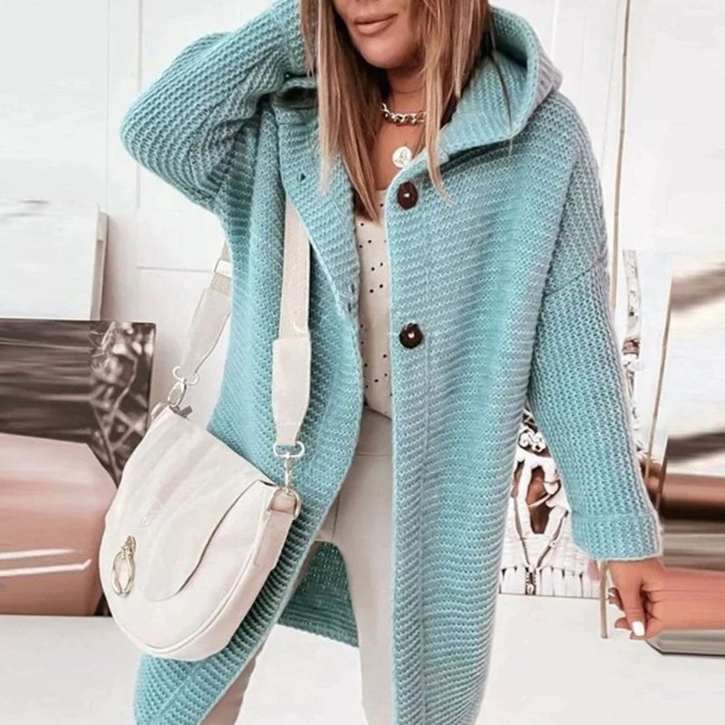 Women's hooded chunky knit cardigan in light blue