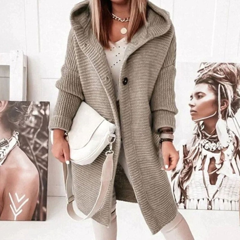 Women's hooded chunky knit cardigan in light brown