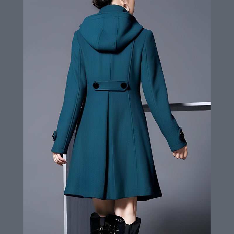 Women's dark green hooded flared coat – back view