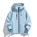 Women's hooded outdoor jacket with drawstring hood in light blue