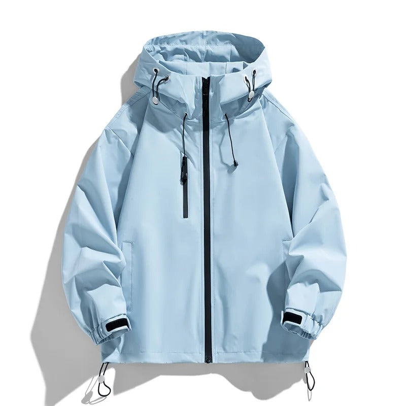 Women's hooded outdoor jacket with drawstring hood in light blue