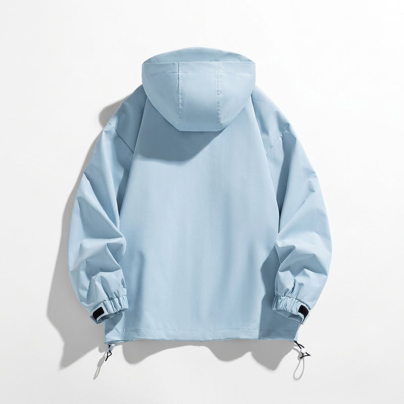 Women's hooded outdoor jacket with drawstring hood in light blue – alternate view