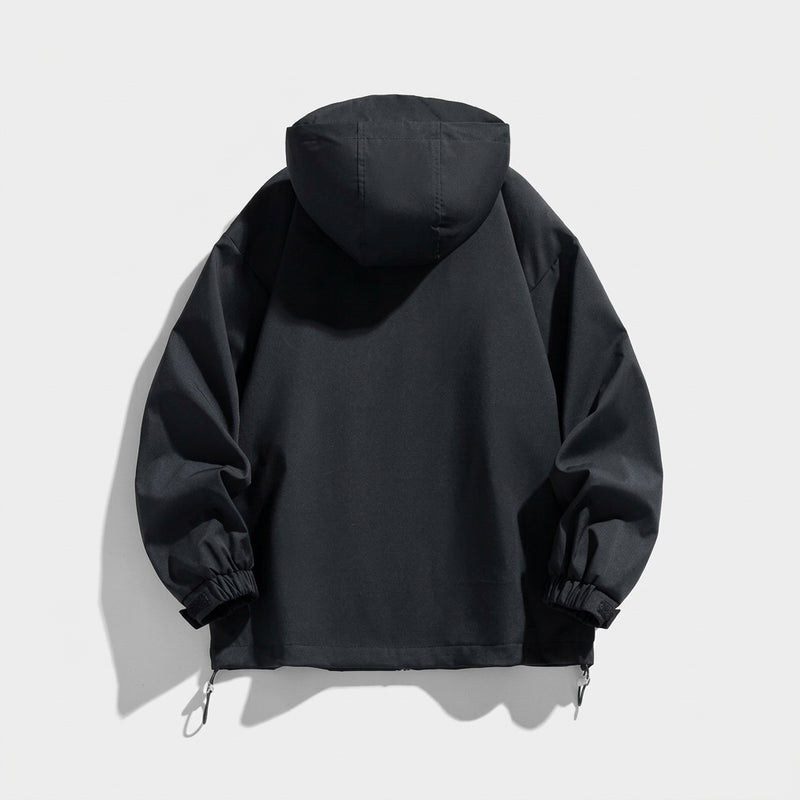 Women's hooded outdoor jacket with drawstring hood in black – alternate view