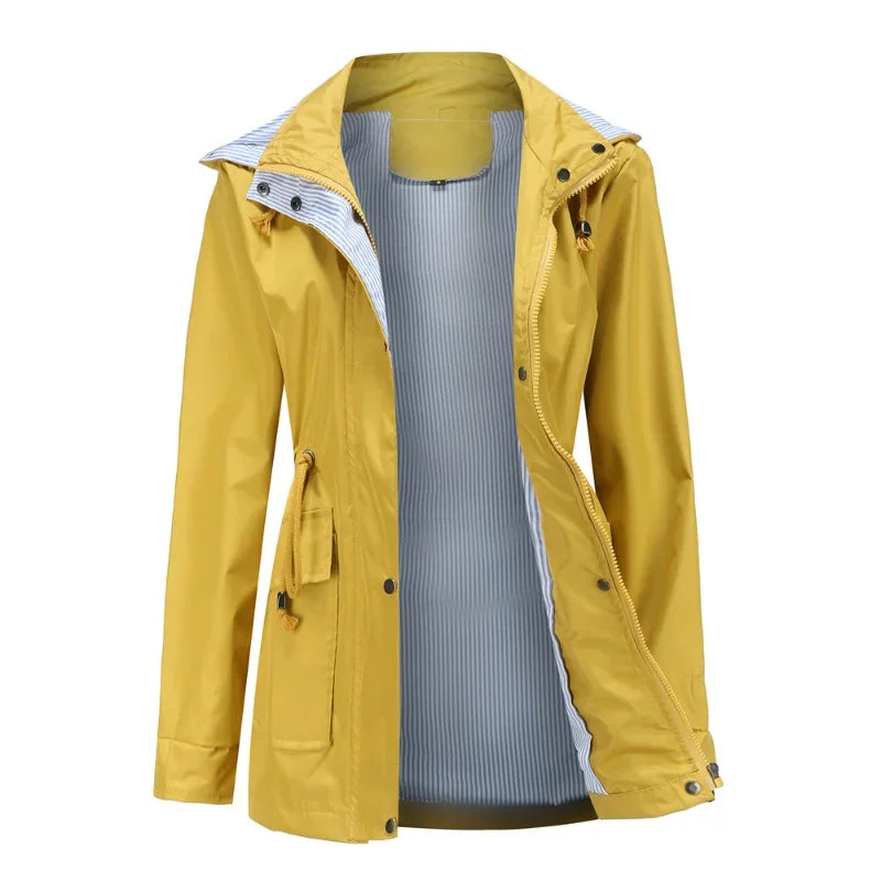 Women's mustard hooded rain jacket – front view