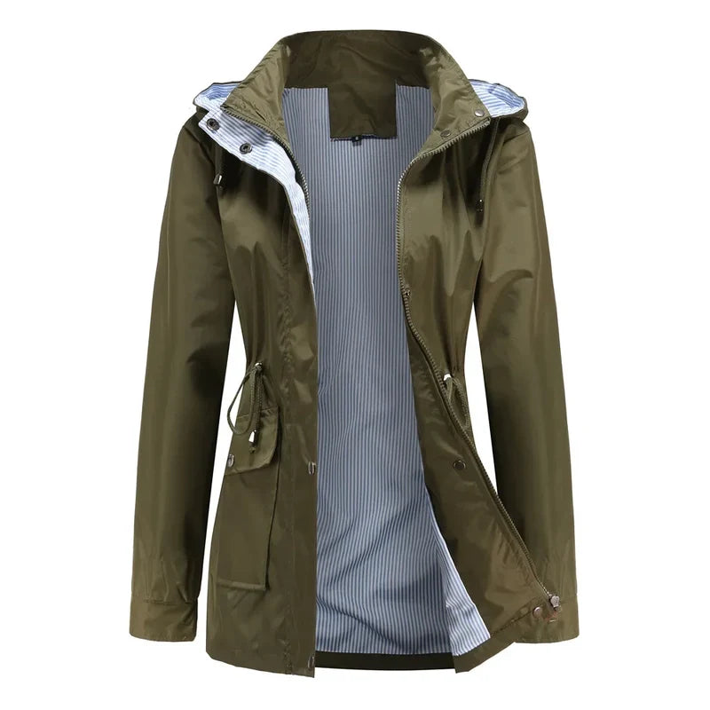 Women's hooded rain jacket in olive green
