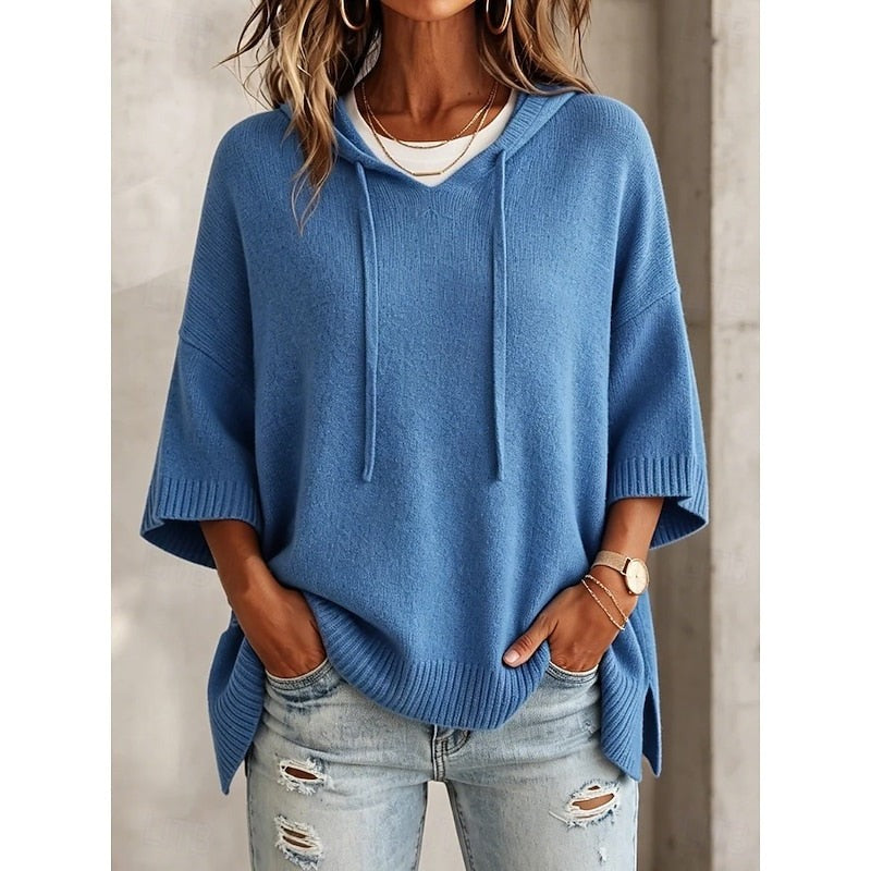 Women's Hooded Sweater with Three-Quarter Sleeves and Side Slits for Casual Days