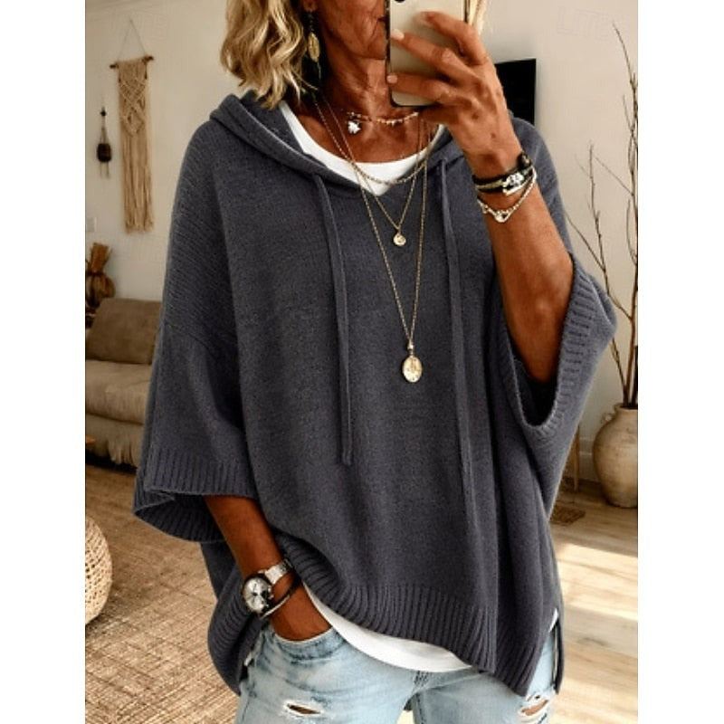 Women's hooded sweater with three-quarter sleeves in dark grey