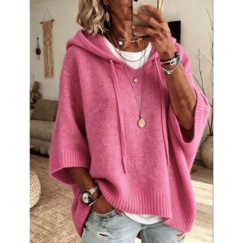 Women's hooded sweater with three-quarter sleeves in pink